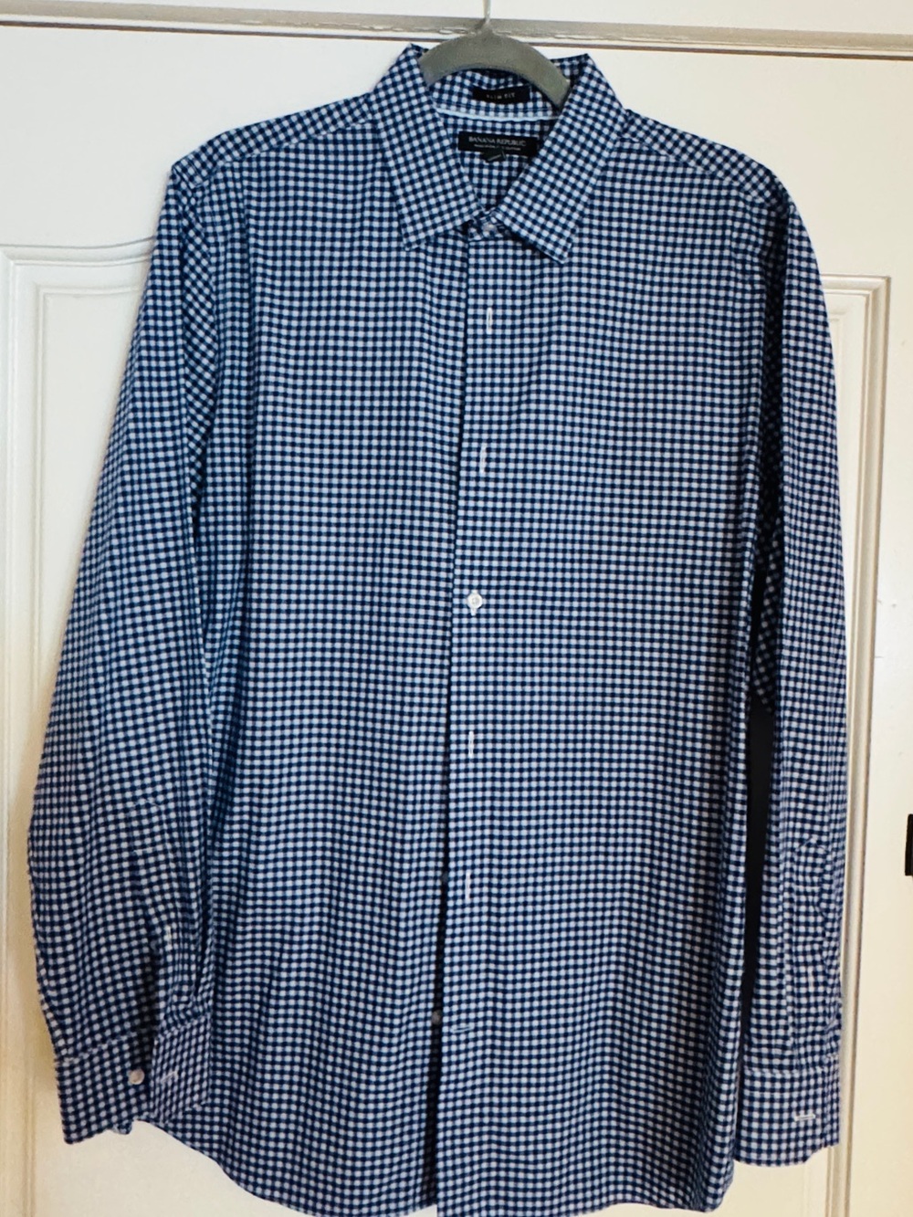 Banana Republic Navy and White Gingham Men's Dress Shirt